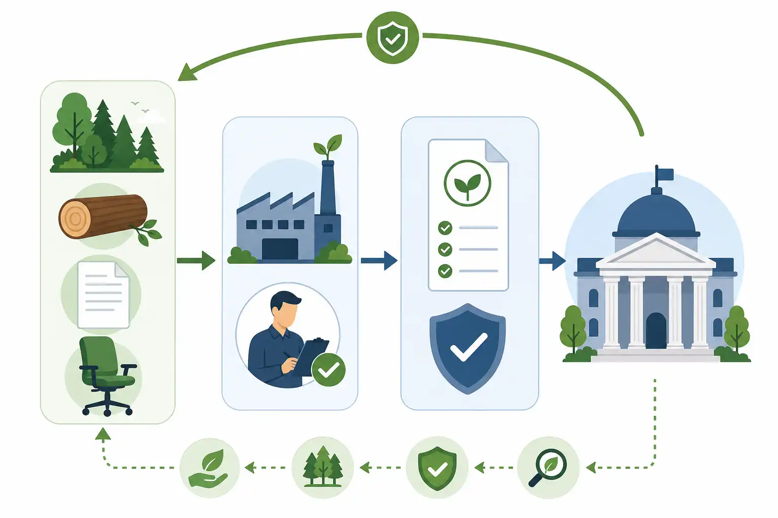 Infografik zu EUDR-konform ausschreiben: Holz, Papier und Möbel ab 2026 vergaberechtssicher beschaffen (KI-generiert)